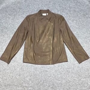 Chicos Faux Suede Metallic Gold Sheen Moto Jacket Brown Asymmetrical Zip Size 1